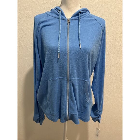 Calvin Klein Performance Womens Ruched-Sleeve Zip Hoodie Azure Blue Size XS - Picture 1 of 8